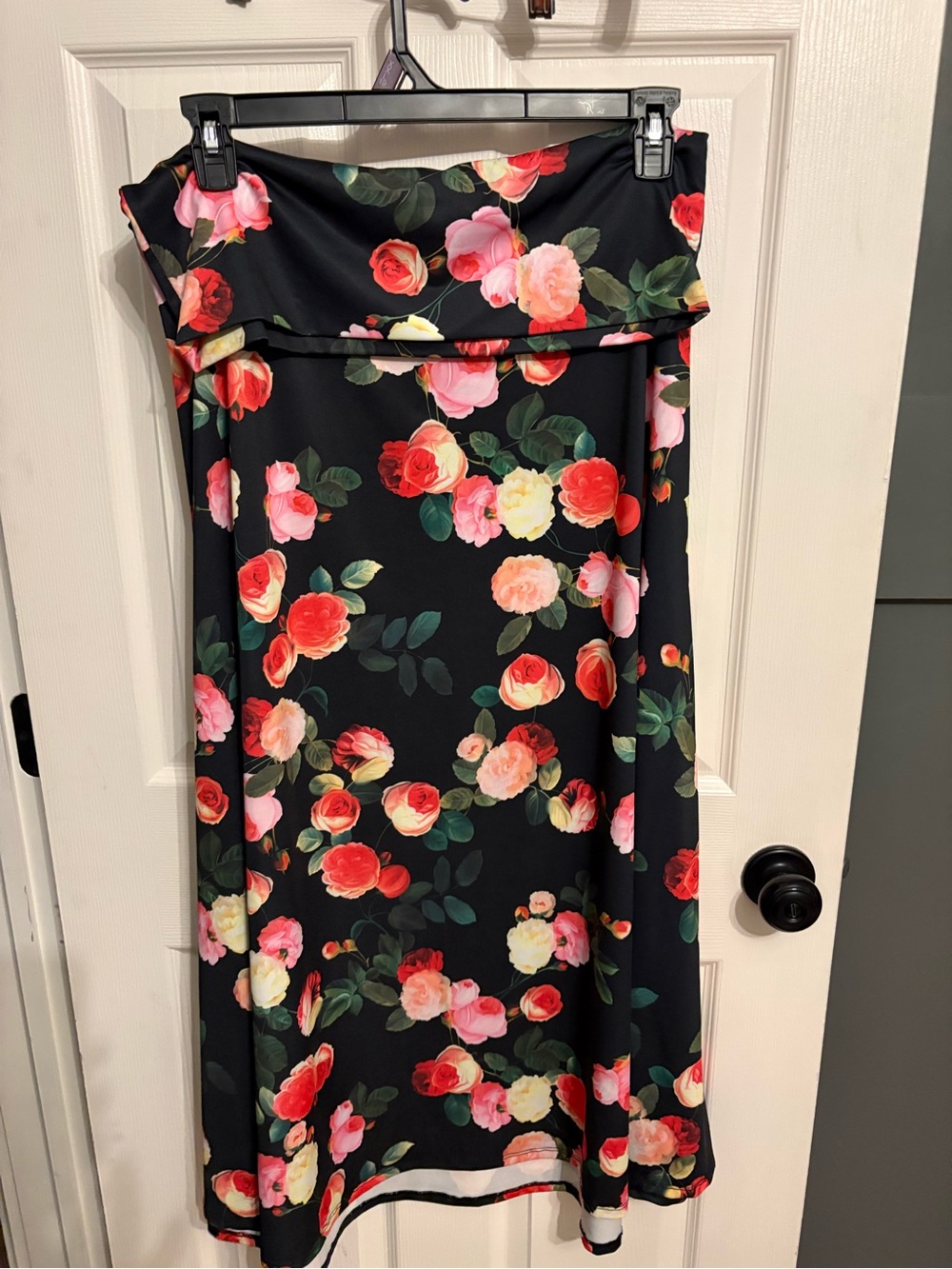 LuLaRoe Black Maxi Skirt with Red, Pink & Cream Floral Print